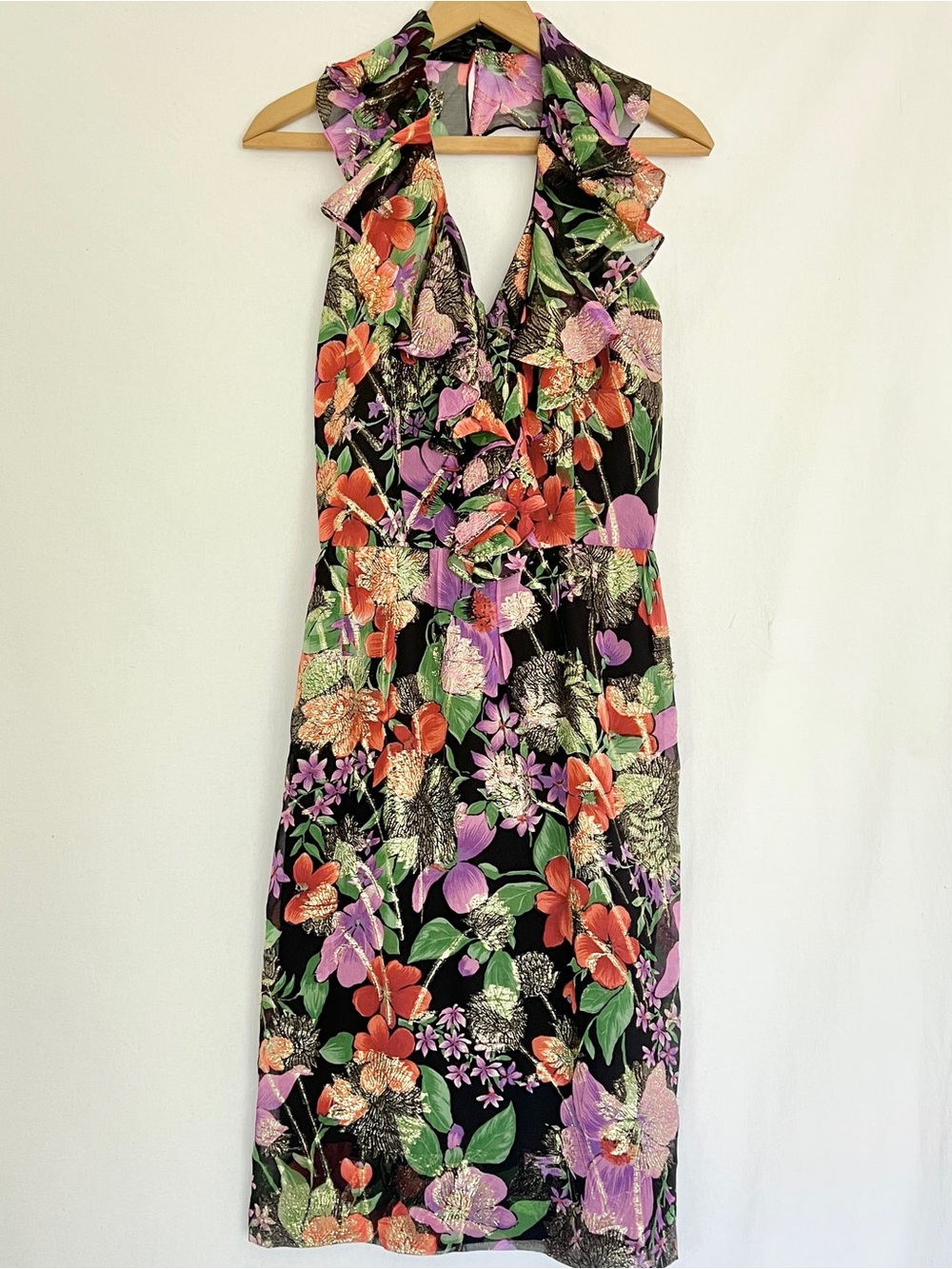 70s Italian Silk Metallic Floral Ruffle Halter Cocktail Dress